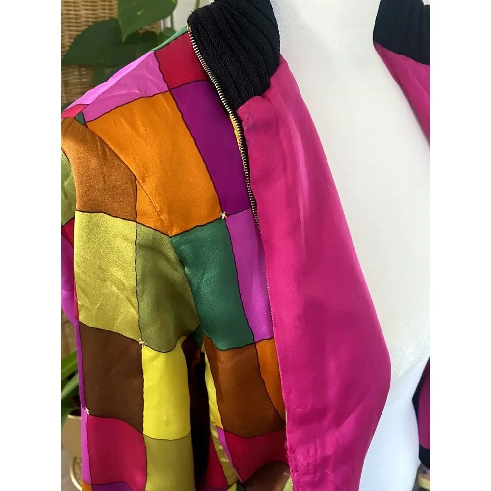 ST. JOHN‎ SPORT MARIE GRAY Bomber Jacket Zip SILK SZ S Color Block 80s Wool Boho - Picture 7 of 10